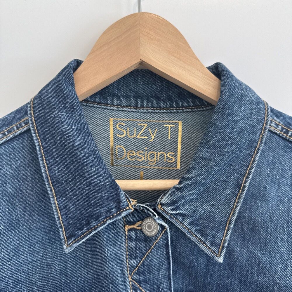 Suzy T Designs Sz L Lace Back Denim Jacket Blue Statement Couture Floral Boho - Picture 11 of 16